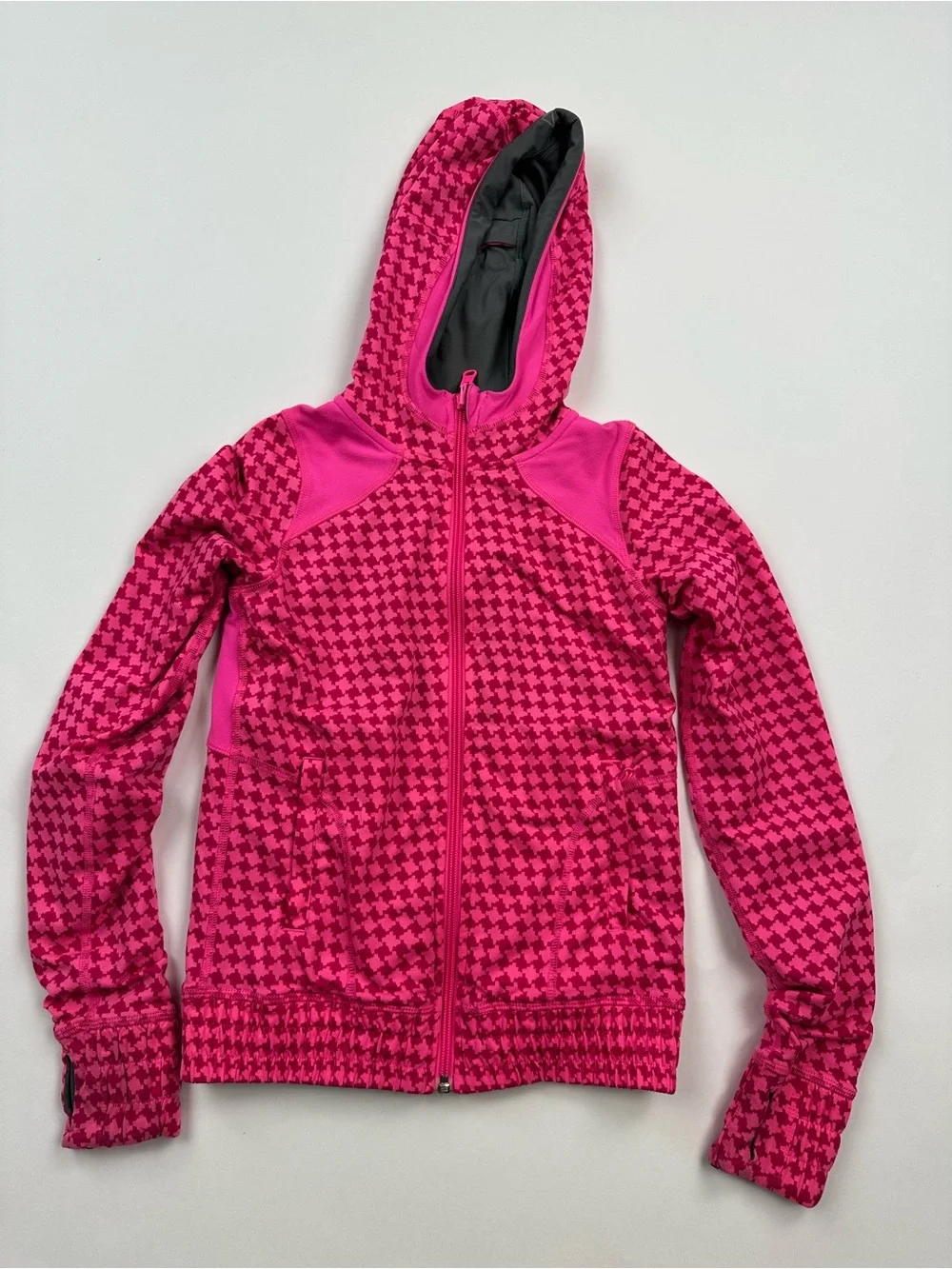 Ivivva Girls Reversible Pink Houndstooth Reversible Full Zip Jacket Size 8